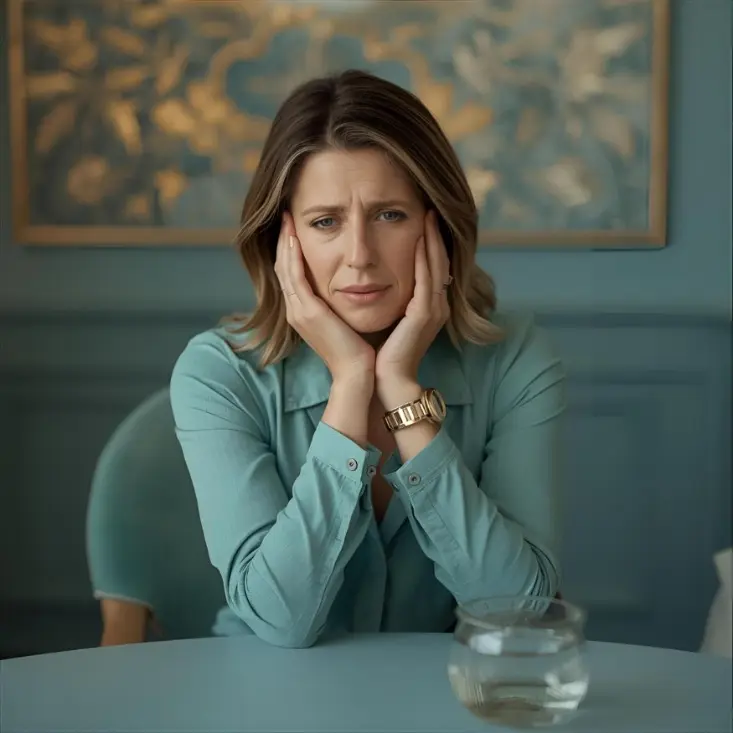 Mujer líder visiblemente agotada, rodeada de lujo, enfrentando el vacío interno del éxito.