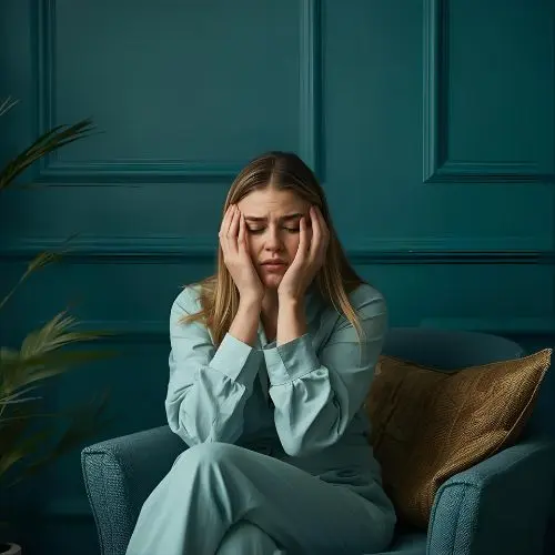 Mujer profesional en crisis interna, sin rumbo claro y con migrañas por estrés y agotamiento emocional.
