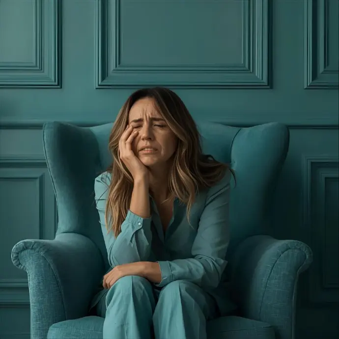 Mujer angustiada sentada en un sillón azul, representando el vacío emocional tras alcanzar el éxito profesional.