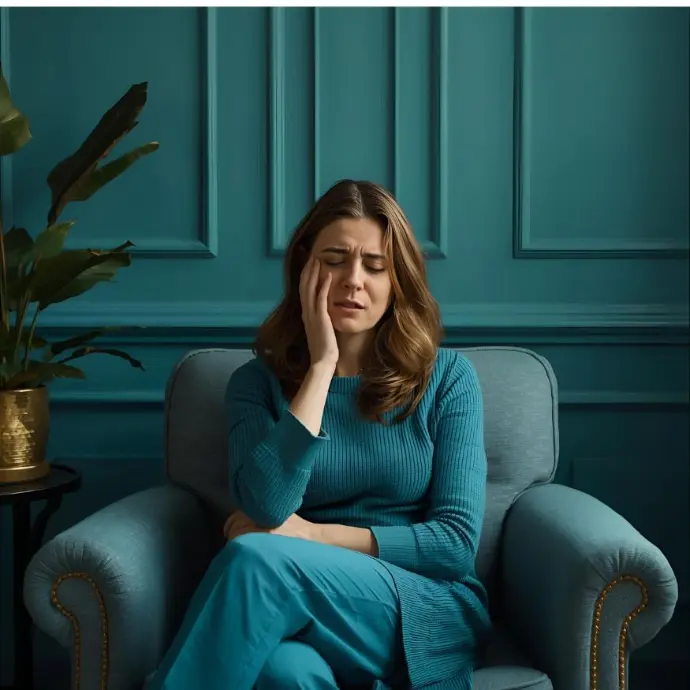 Mujer agotada sentada en un sillón azul, sintiendo que ya no puede sostenerse a sí misma ni todo lo que la rodea.