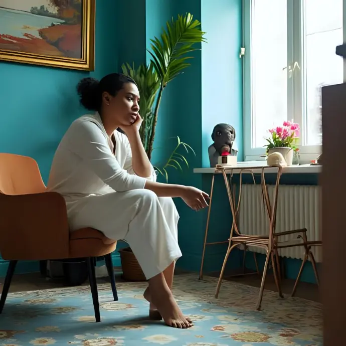 Mujer pensativa sentada junto a la ventana, replanteándose su vida tras años de exigencia y éxito profesional.